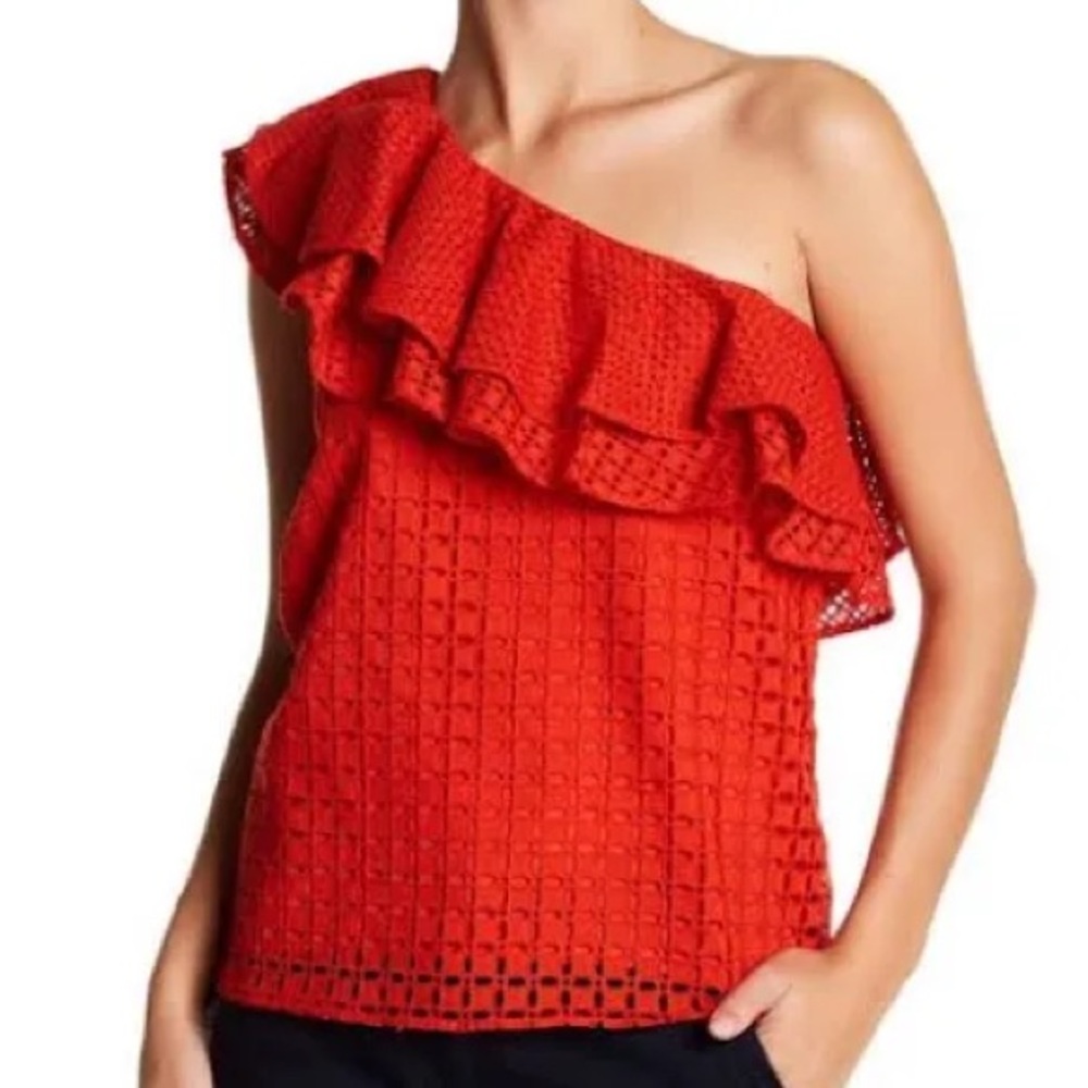 J. Crew Red Orange One Shoulder Ruffled Top (size 8)